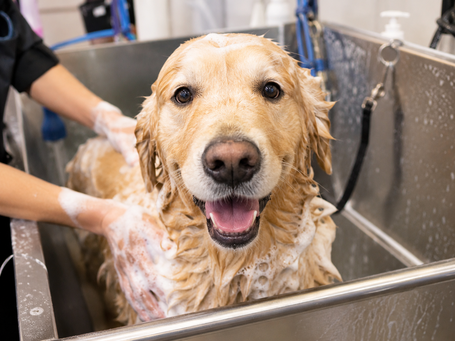 Golden retriever smiling during a gentle grooming bath