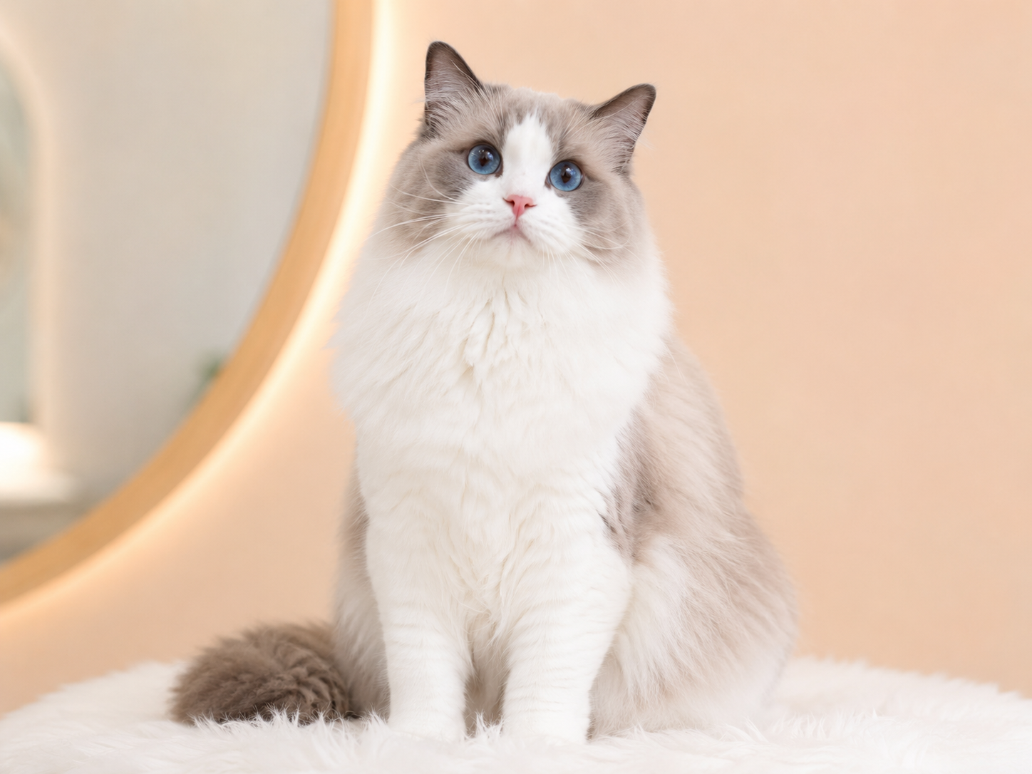Fluffy blue bicolor Ragdoll cat sitting calmly
